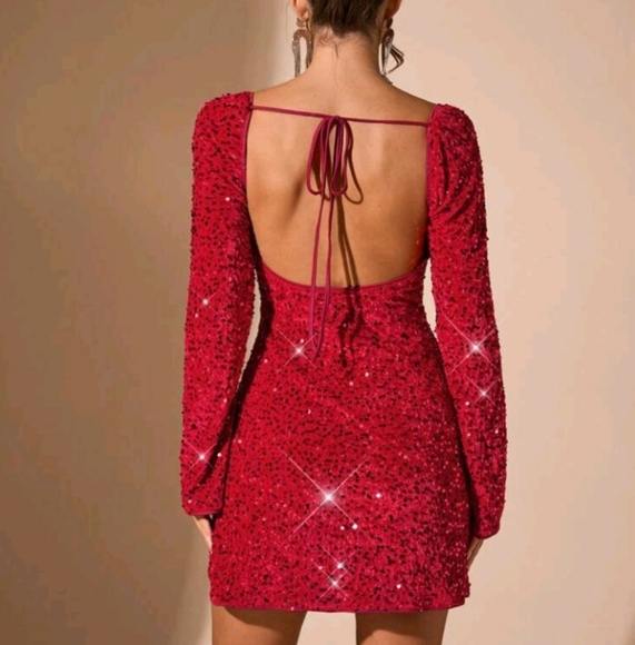 Women's Square Neck Open Back Sequin Red Mini Dress, Suitable For Hall - Picture 2 of 4